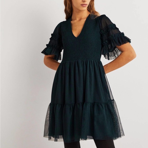Boden NWT Tulle Smocked Mini Party Dress in Seaweed (Teal/Green) Size 2 - Picture 2 of 10